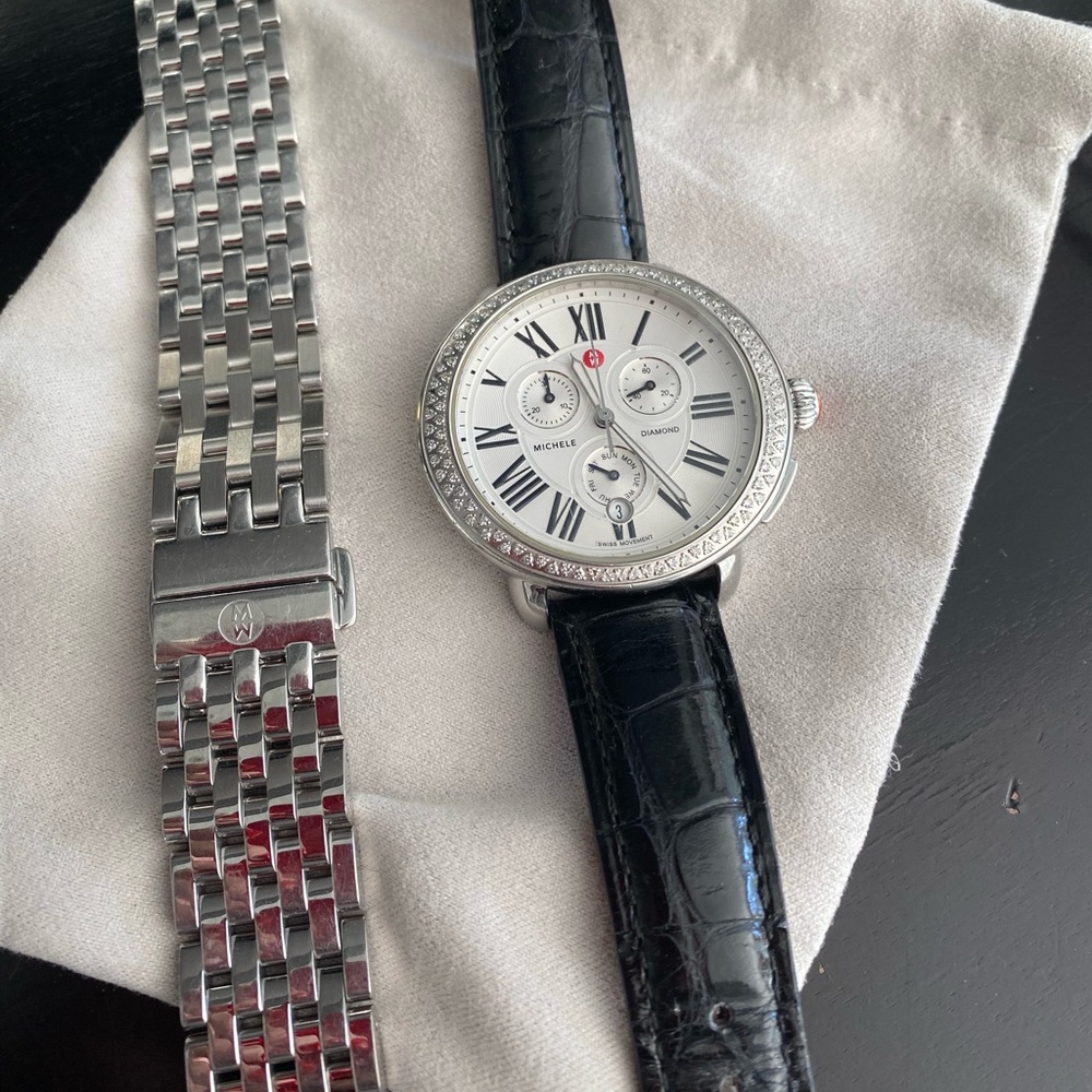 Stainless Michele Serein Diamond Watch with additional black alligator strap